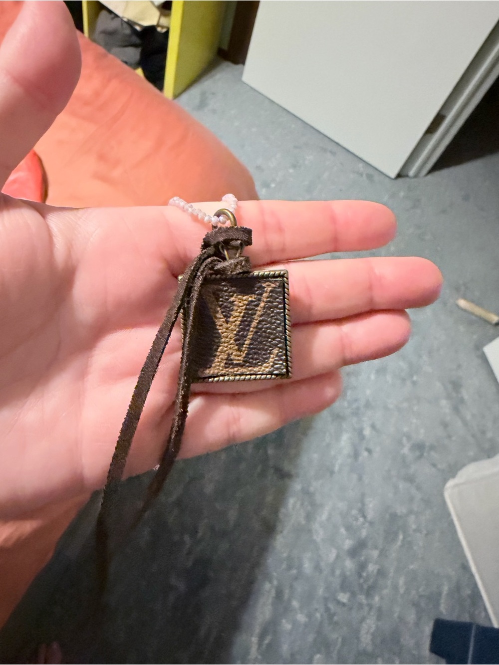 UPCYCLED Louis Vuitton Brown Monogram Leather Mini Charm Beaded Purple Necklace
